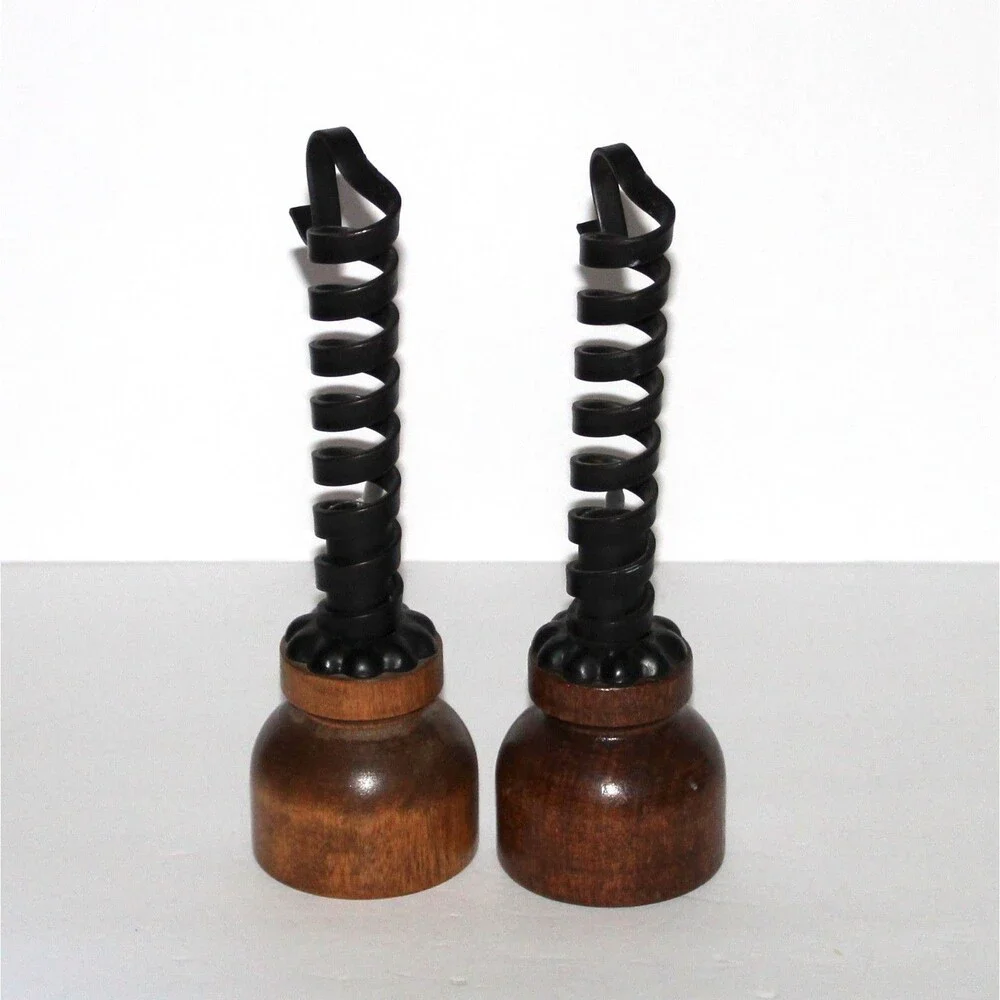 Vintage Iron And Wood Pair Of Two Matching Courting Candle Holders